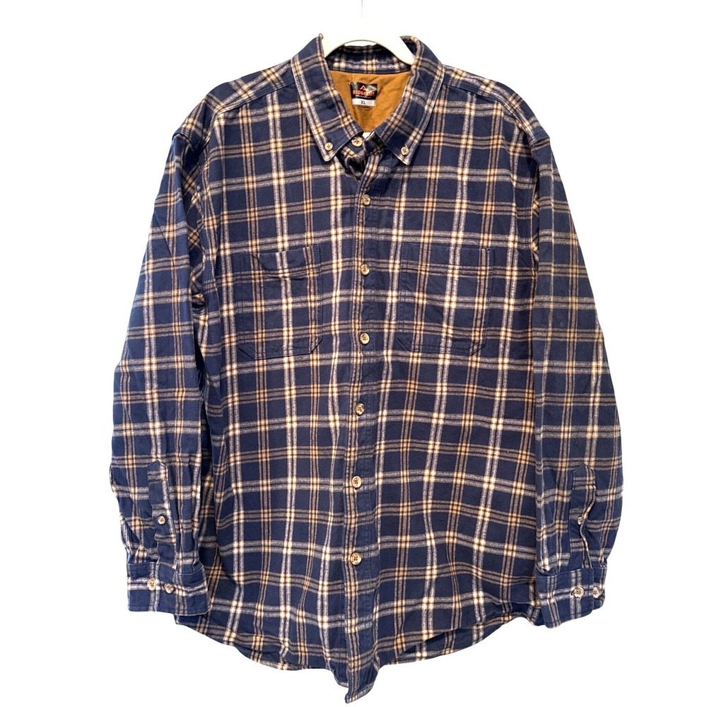 Ridgecut Toughwear Heavy Flannel Shirt Workwear Long Sleeve Blue Tan Plaid XL